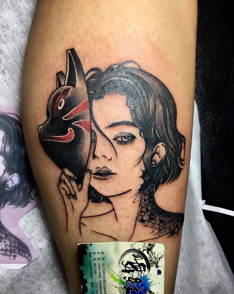 猫女纹身图片_腿部Old School纹身图案