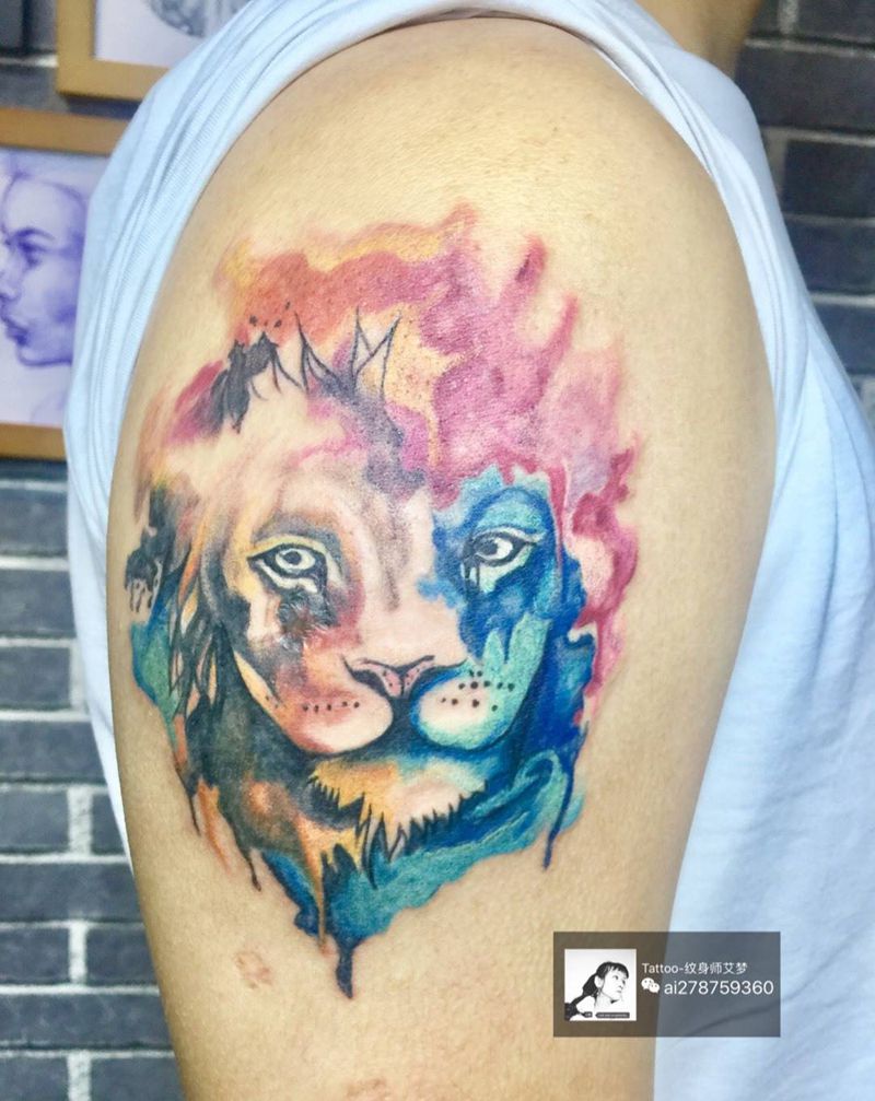 彩色狮子纹身图片