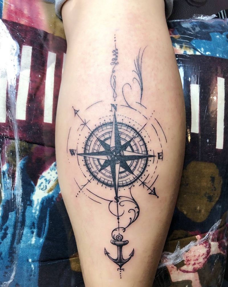 指南针纹身图片_成品腿部欧美清新几何纹身图案