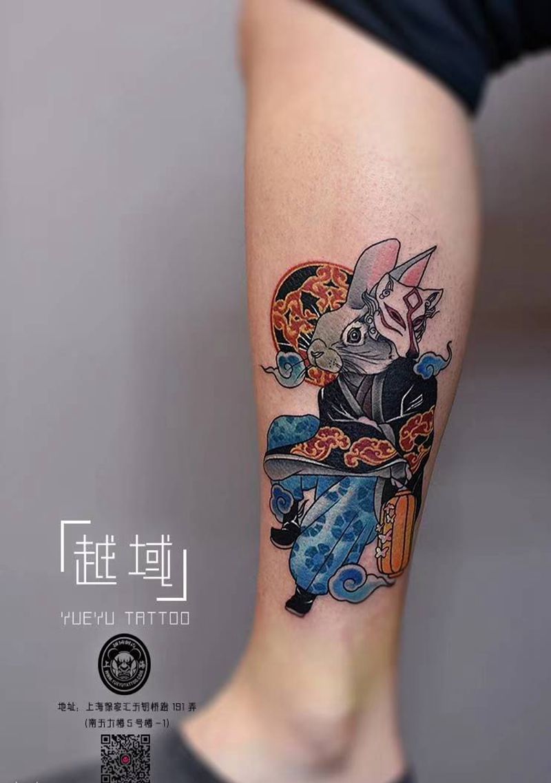兔爷纹身图案纹身图片_腿部New School纹身图案