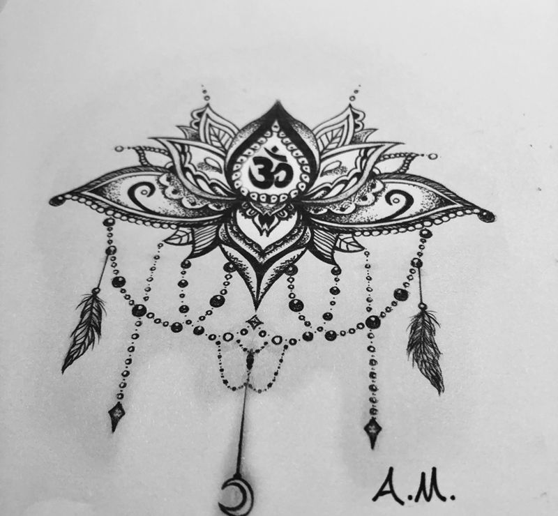 欧姆纹身图片_手稿成品背部清新欧美植物宗教字符纹身图案