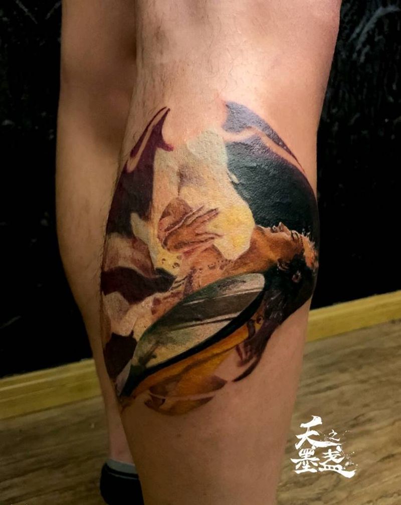 飞天纹身图片_腿部欧美写实飞天纹身图案