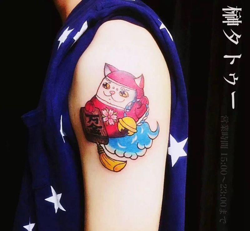 招财喵纹身图片_成品手臂欧美动物纹身图案