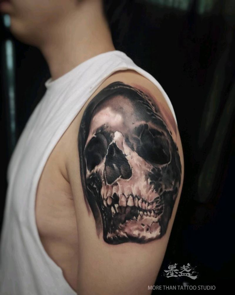 骷髅纹身图片_手臂欧美写实黑灰纹身图案