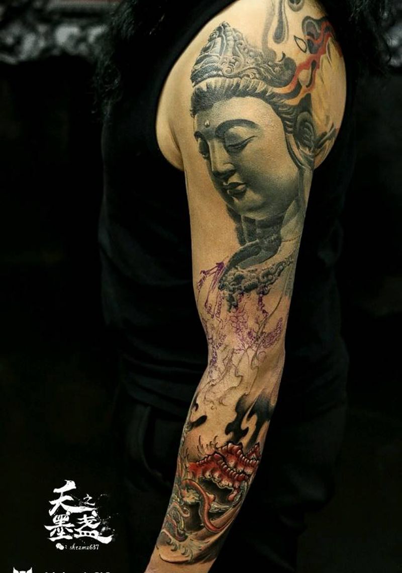 花臂进度纹身图片_手臂新传统佛纹身图案
