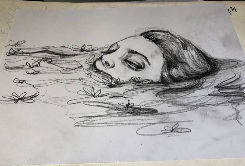 溺纹身图片_手稿人物欧美清新纹身图案