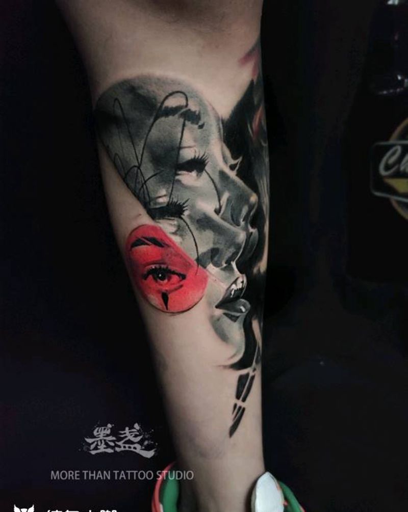 待续纹身图片_腿部欧美写实垃圾波尔卡德国风肖像纹身图案