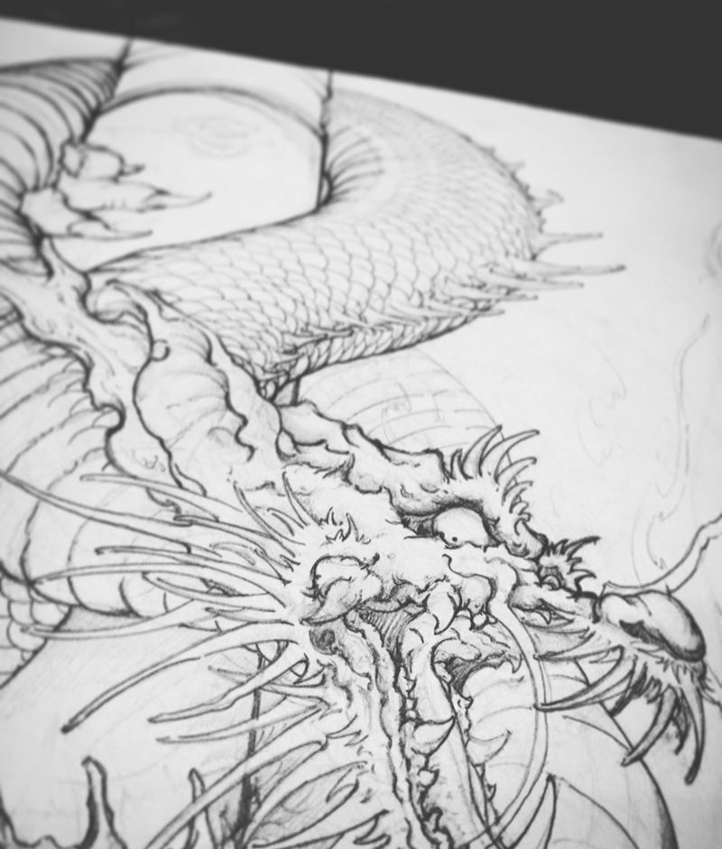 龙手稿纹身图片_手稿手臂臀部腿部背部传统动物原创植物鬼神纹身图案