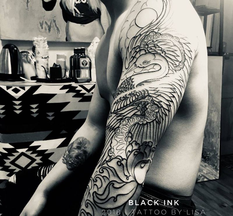 日式新传统七分臂纹身图片_成品手臂传统图腾鬼神原创纹身图案