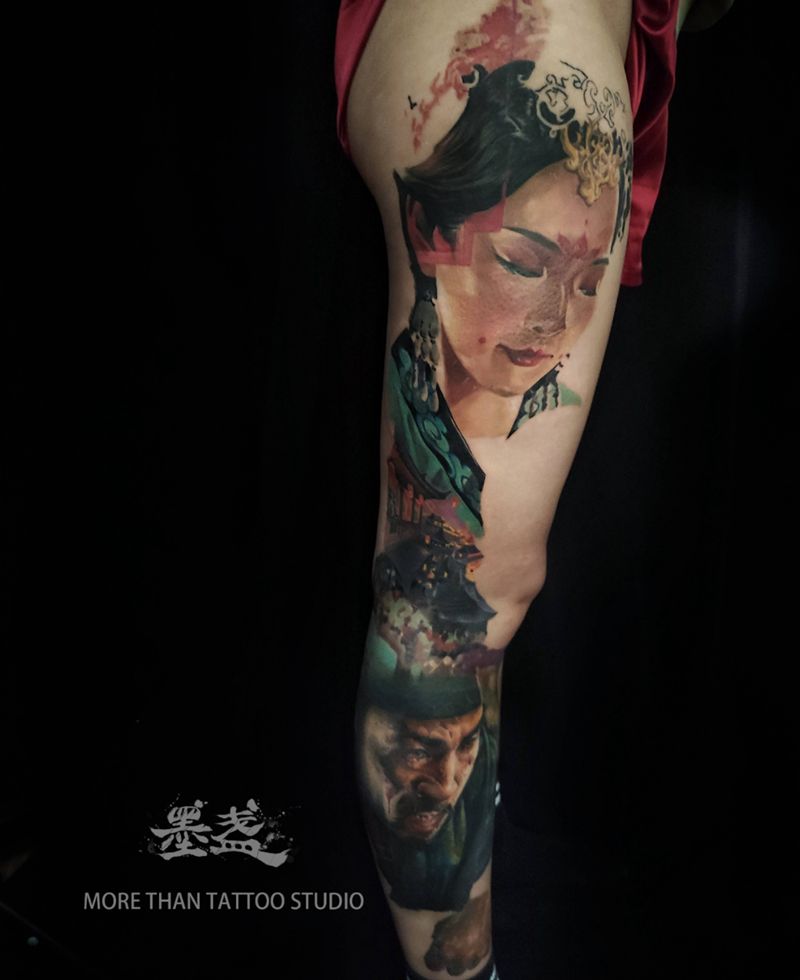 长安十二时辰纹身图片_腿部欧美写实纹身图案