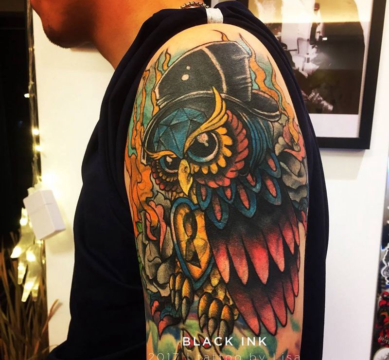 大臂猫头鹰（遮盖）纹身图片_成品手臂欧美动物原创纹身图案