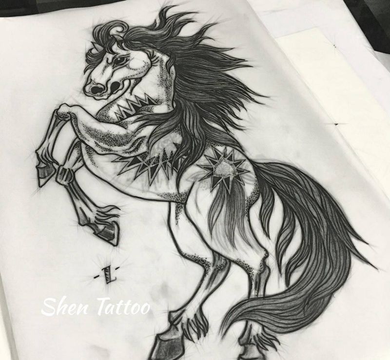 手稿 09.28 马纹身图片_成品胸部欧美清新原创动物图腾纹身图案