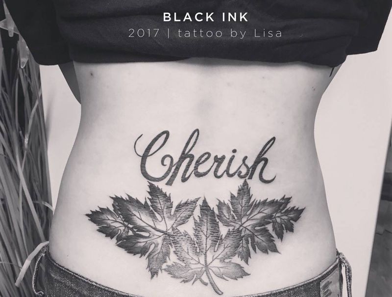 关于秋天纹身图片_成品腰部欧美字符植物原创纹身图案