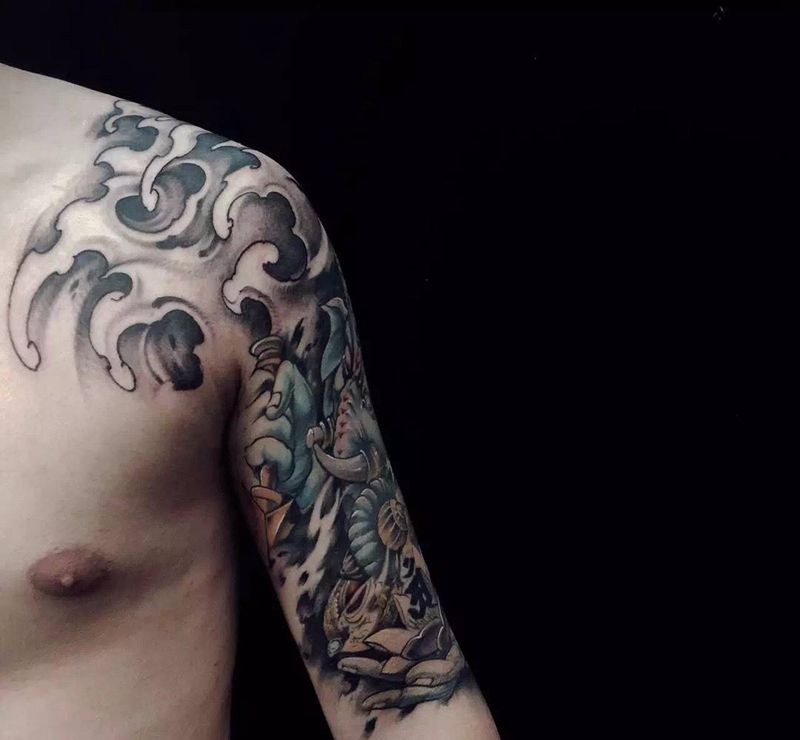 象神纹身图片_成品臀部手臂传统动物鬼神人物宗教纹身图案