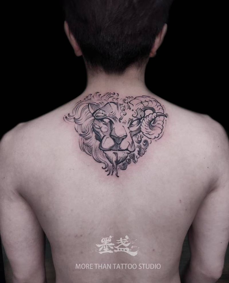 狮子羊头纹身图片_背部暗黑速写纹身图案