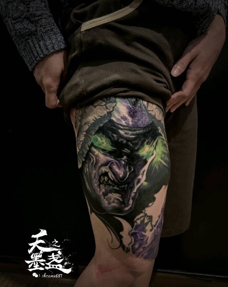 伊利丹·怒风纹身图片_腿部欧美写实魔兽世界伊利丹怒风纹身图案