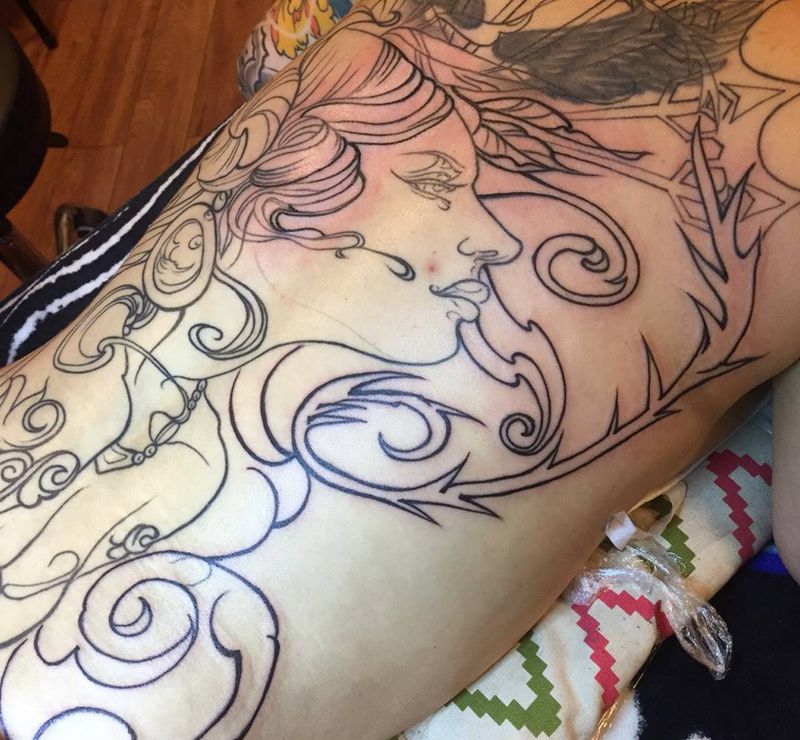 欧洲新传统整背纹身图片_成品背部欧美人物植物图腾原创纹身图案