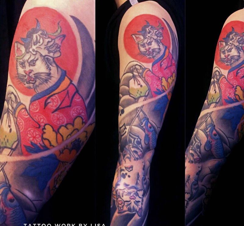 日式新传统九分臂纹身图片_成品手臂传统动物原创纹身图案