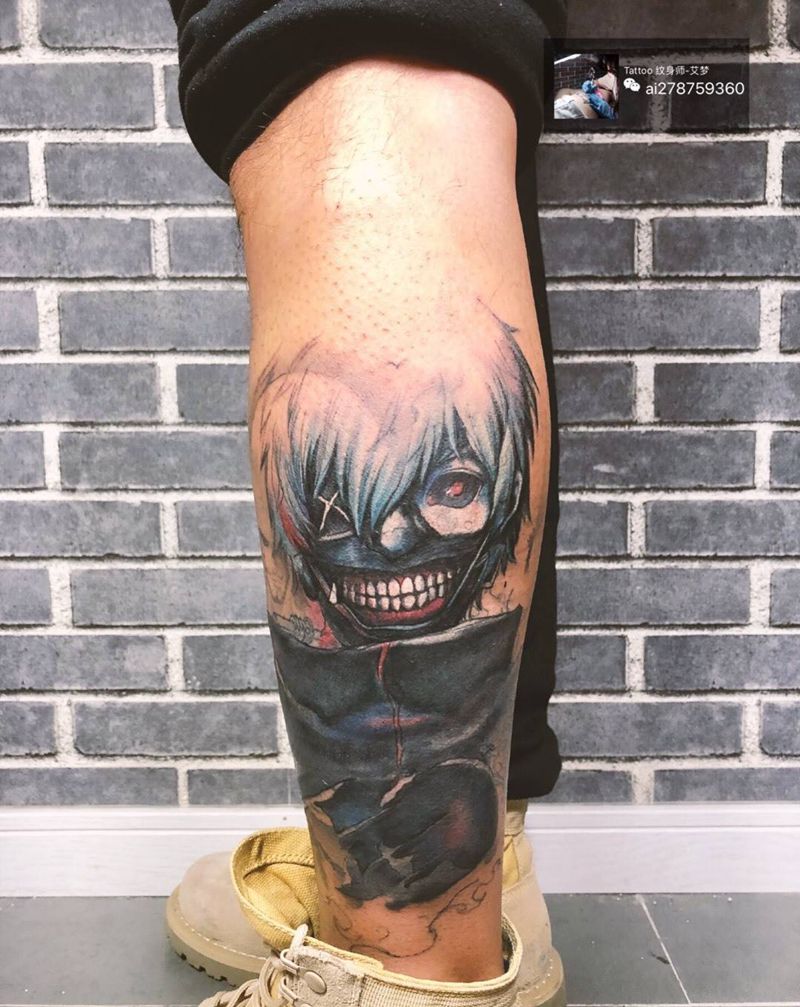 盖纹身图片_成品腿部写实肖像人物鬼神纹身图案