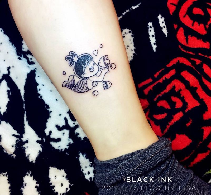 小美人鱼纹身图片_成品腿部欧美清新人物动物原创纹身图案