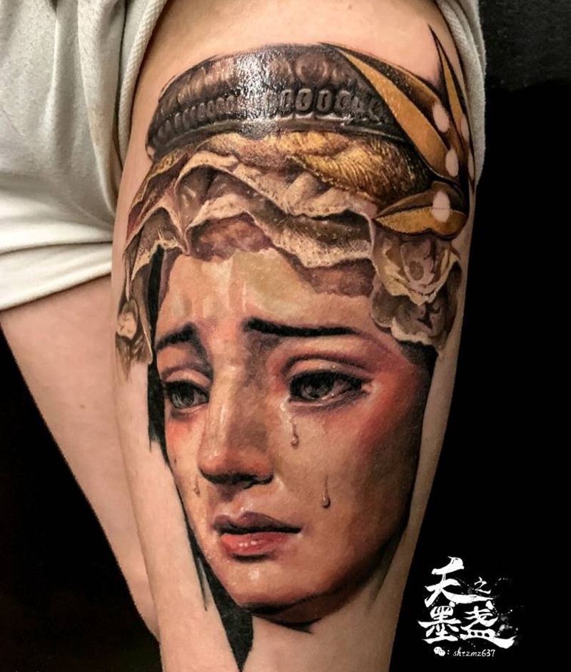 圣母纹身图片_腿部欧美写实宗教纹身图案