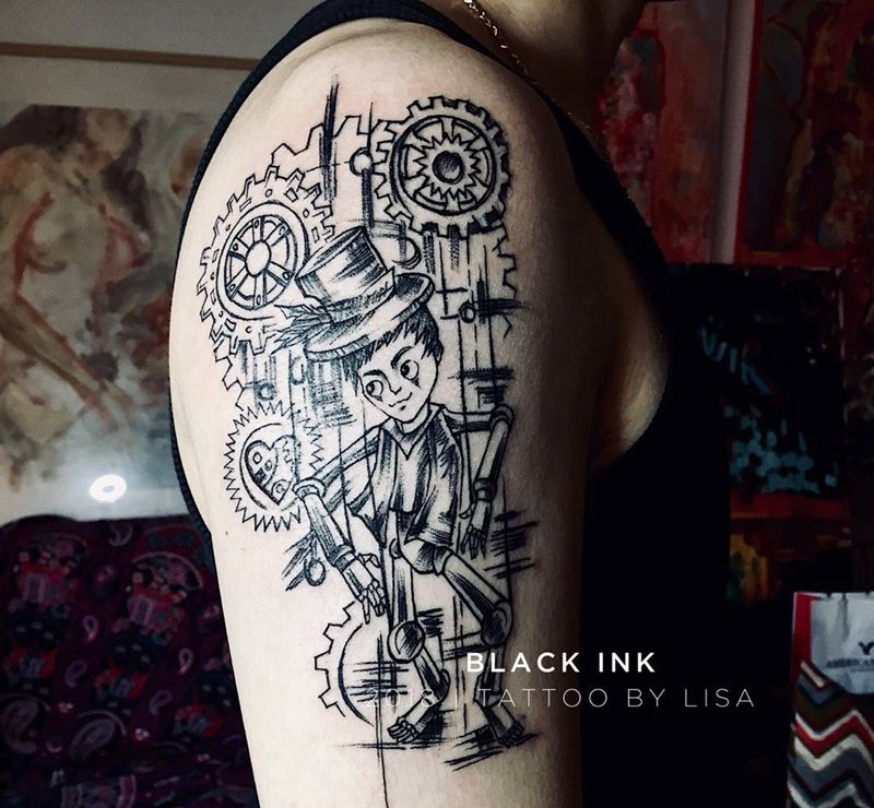 机械木偶纹身图片_成品手臂欧美清新人物原创纹身图案