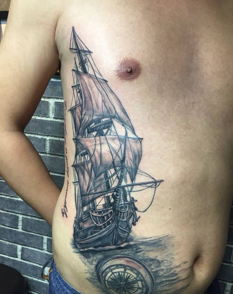 一帆风顺纹身图片_成品腹部写实欧美静物纹身图案