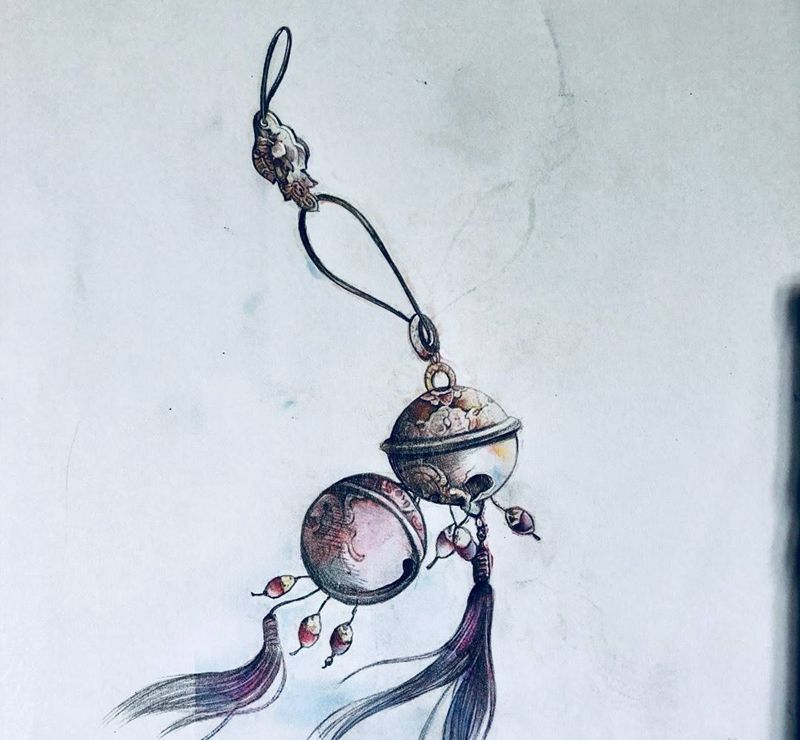 龙凤铃纹身图片_插画手稿背部传统写实清新静物纹身图案