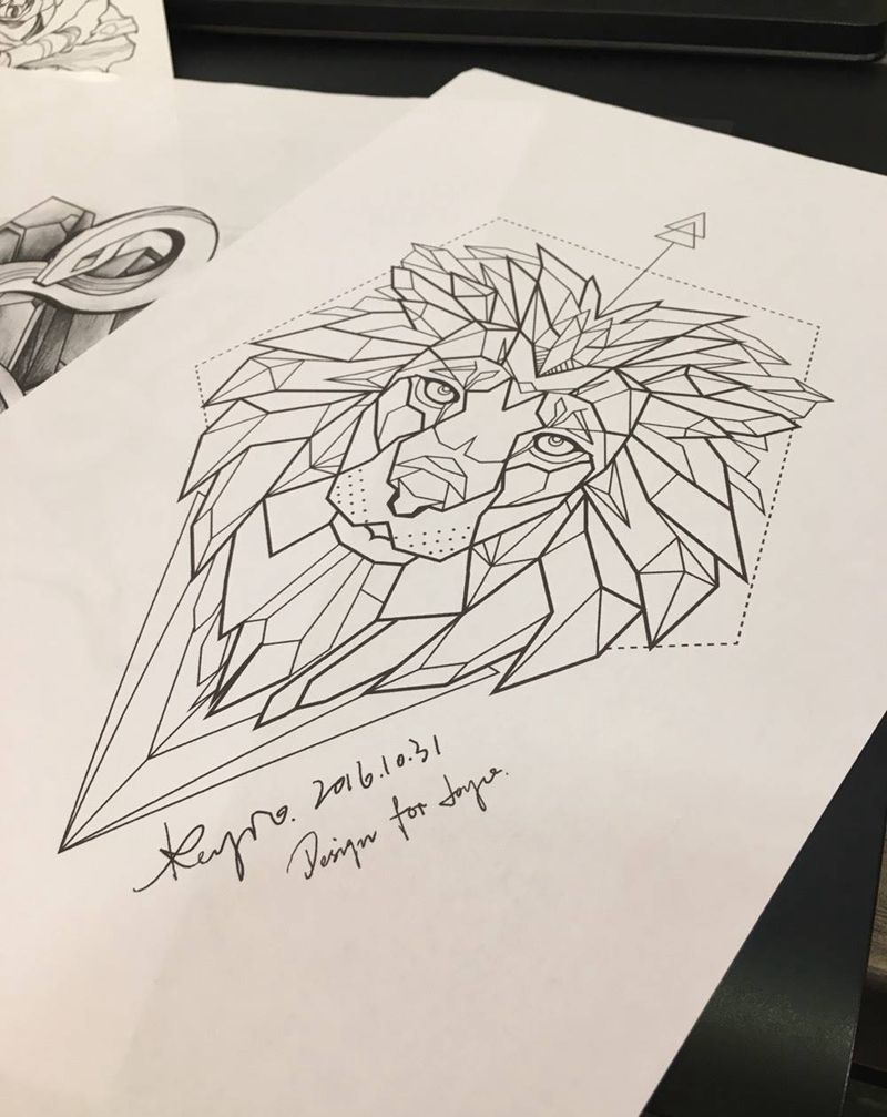 几何线条狮子纹身图片_手稿手臂清新欧美几何动物原创纹身图案