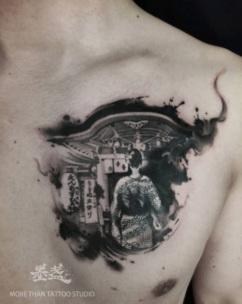 金风玉露一相逢纹身图片_胸部水墨遮盖纹身图案