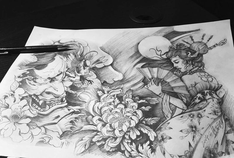 传统纹身图片_手稿腿部肖像传统写实清新人物植物鬼神纹身图案