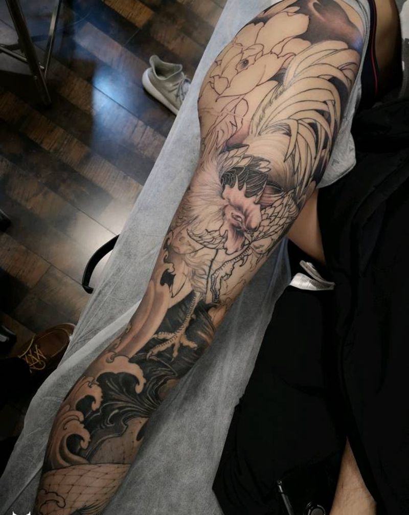 公鸡蛇牡丹纹身图片_腿部脚部新传统水彩纹身图案