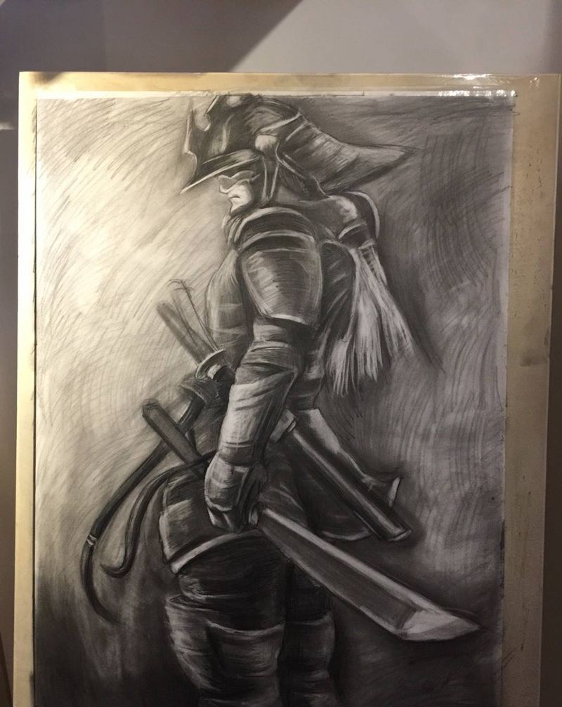 素描人物武士纹身图片_手稿背部肖像写实人物纹身图案