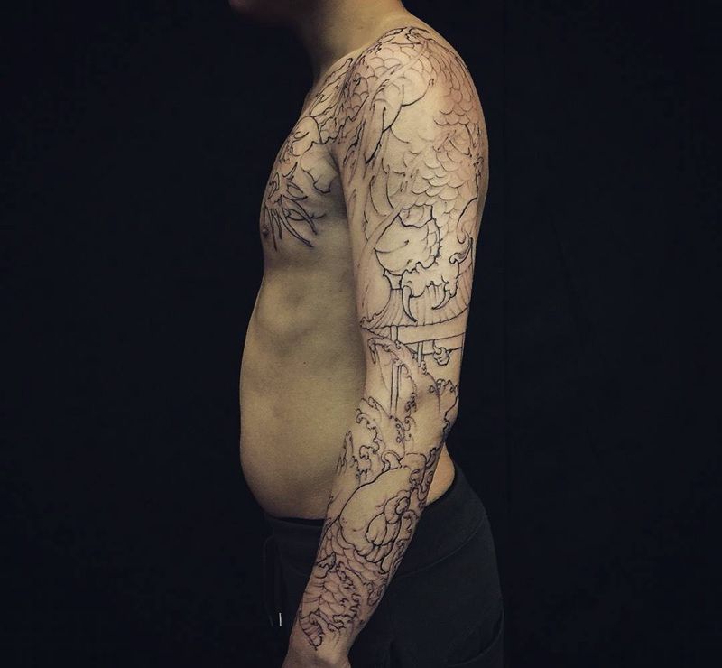 鲤鱼跃龙门纹身图片_成品手臂手部胸部传统动物鬼神原创人物宗教纹身图案