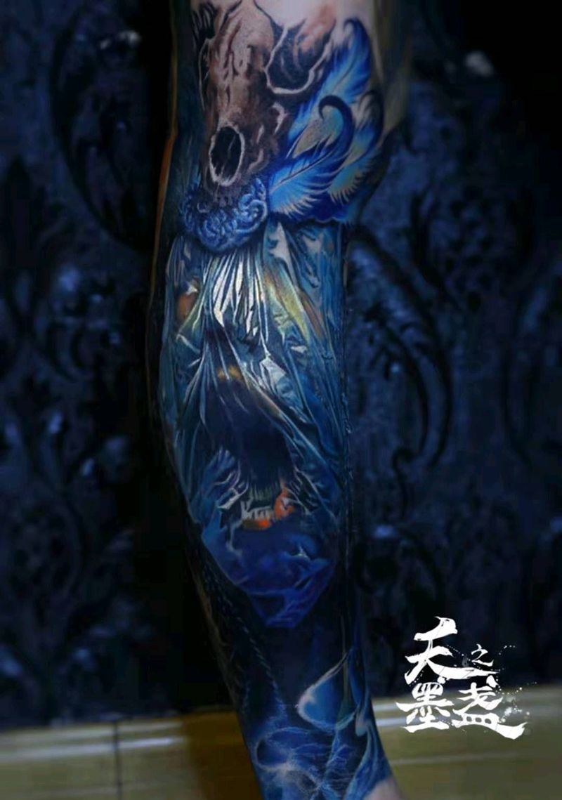窒息纹身图片_腿部欧美写实彩色纹身图案