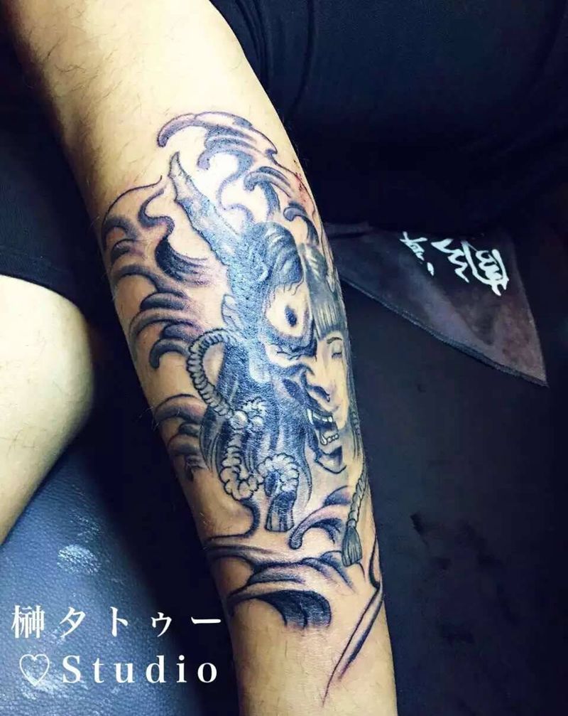 般若+浪纹身图片_成品腿部传统原创鬼神纹身图案