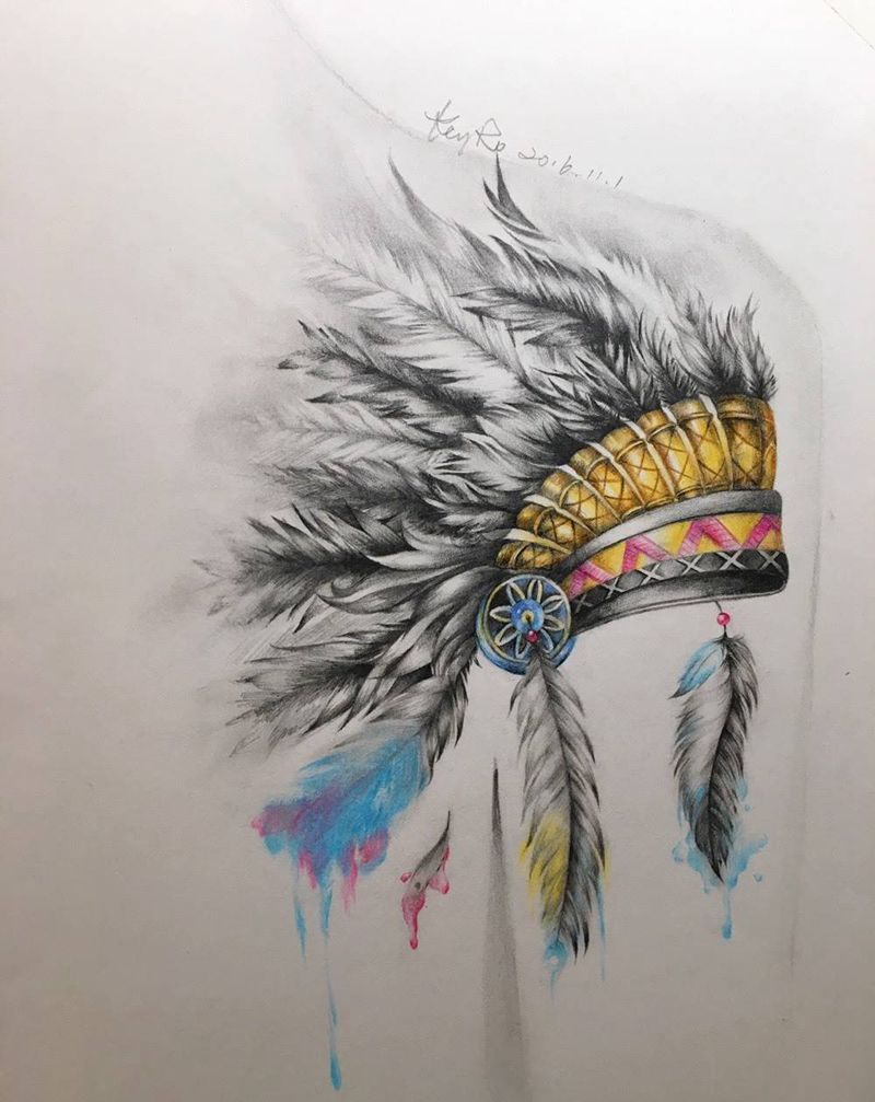印第酋长帽纹身图片_手稿肩部背部写实欧美人物原创静物纹身图案