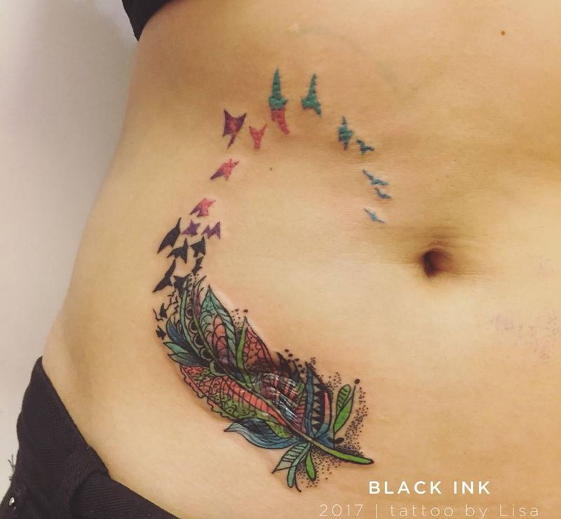 疤痕遮盖纹身图片_成品腹部欧美清新植物原创纹身图案