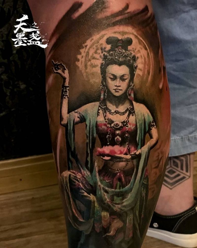 敦煌飞天纹身图片_腿部欧美写实油画纹身图案