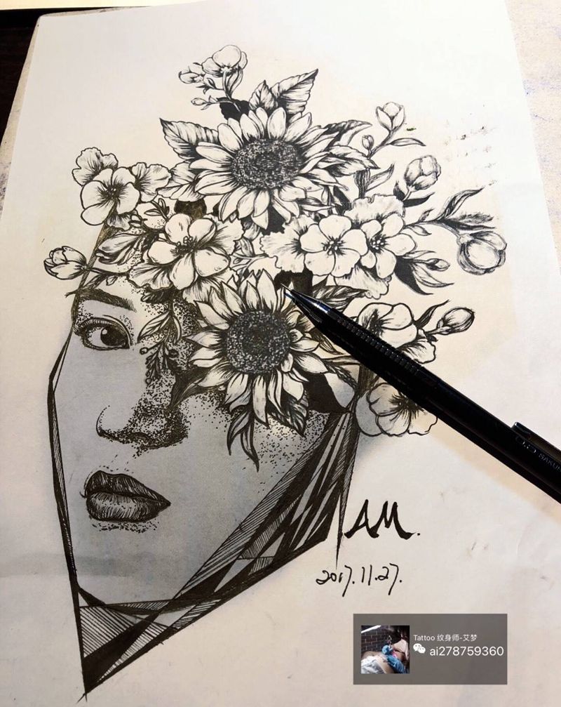 Miss Michele lee纹身图片_成品手稿插画手臂腿部写实几何肖像原创纹身图案