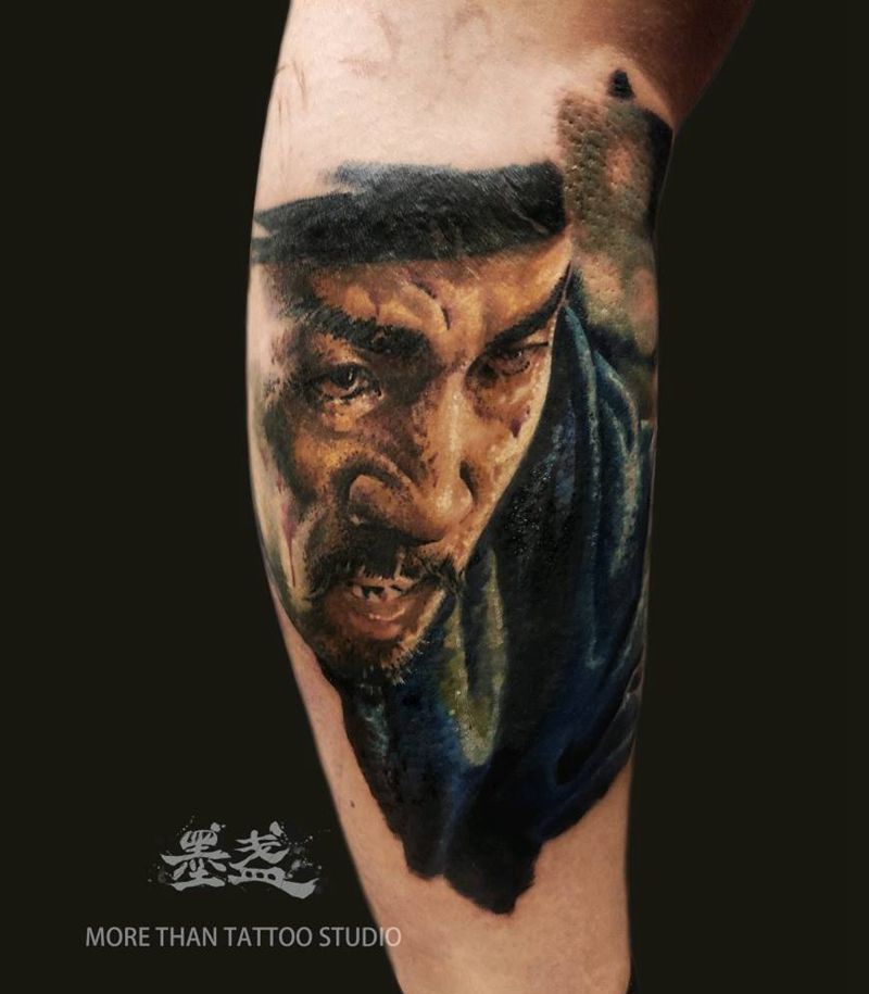 长安十二时辰纹身图片_腿部欧美写实张小敬纹身图案