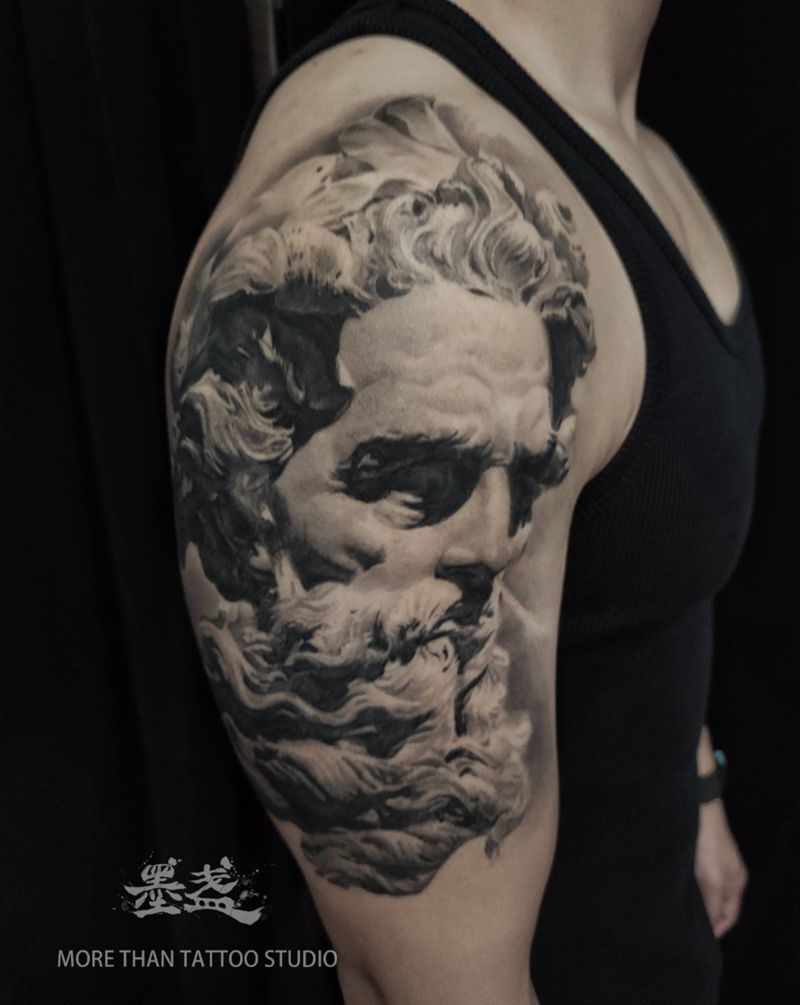 波塞冬纹身图片_手臂欧美写实肖像纹身图案