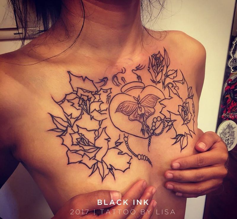 胸花 （未完成）纹身图片_成品胸部欧美植物图腾原创纹身图案