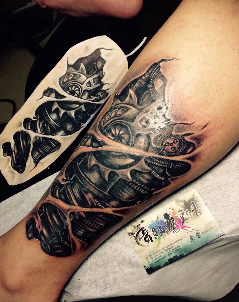 机械纹身图片_成品脚部写实传统几何纹身图案