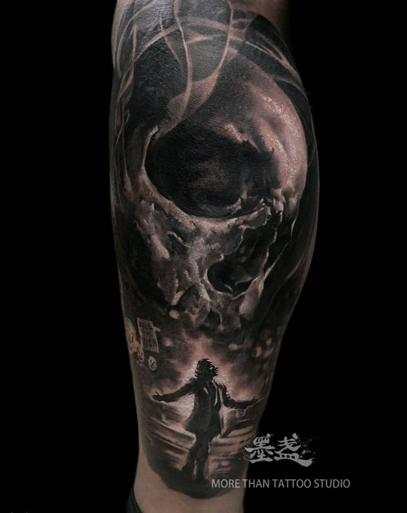 Joker纹身图片_腿部欧美写实小丑纹身图案