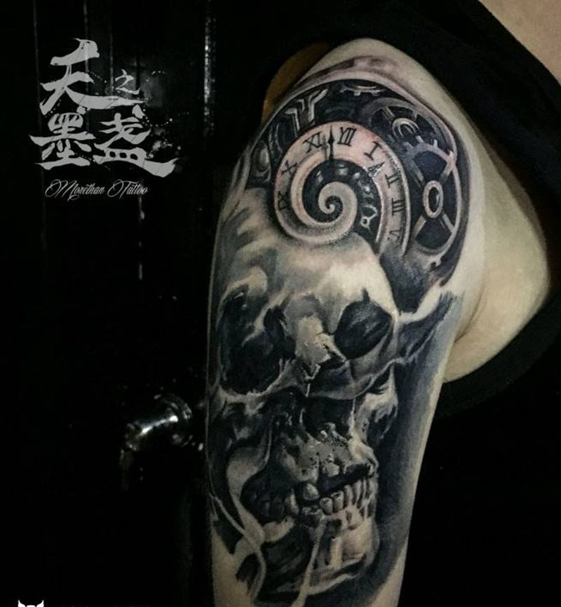 骷髅纹身图片_肩部欧美写实静物鬼神原创成品纹身图案