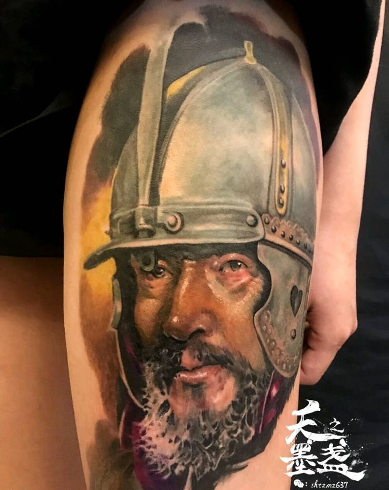 波兰裔骑兵纹身图片_腿部欧美肖像写实人物纹身图案