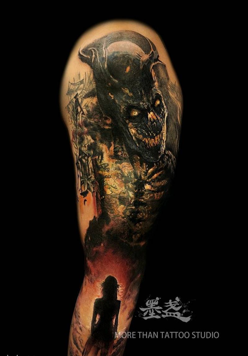遮盖纹身图片_手臂欧美写实暗黑纹身图案
