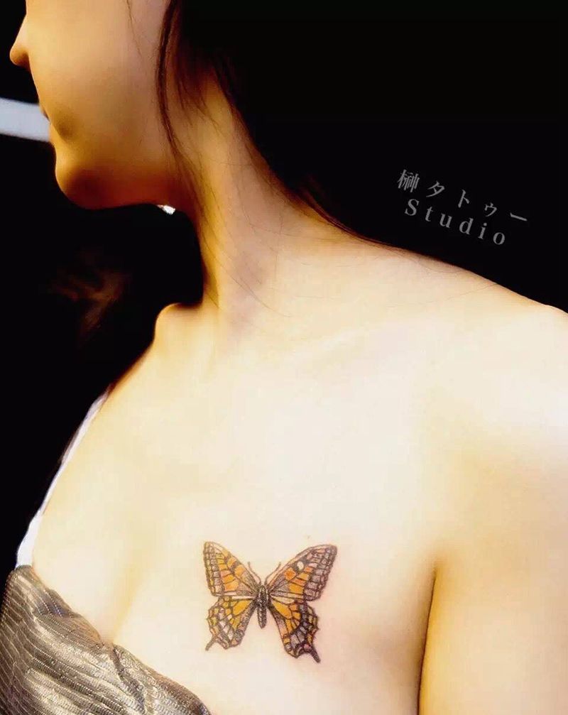 燕尾蝶纹身图片_成品胸部欧美原创动物纹身图案