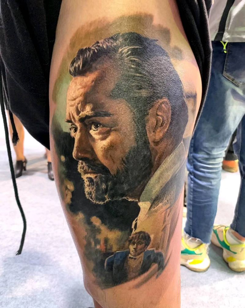 邓布利多纹身图片_腿部欧美写实人物肖像纹身图案